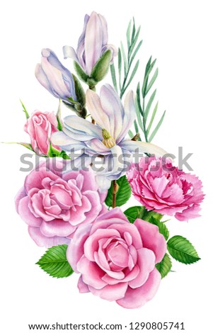 bouquet of flowers, magnolia, and pink rose with green leaf, beautiful flower on a white background, watercolor illustration, botanical painting