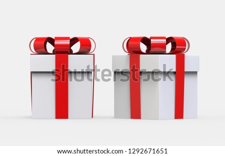 White Square Gift Box with Red Ribbon and Bow mock up template isolated on white background, 3d illustration. 
