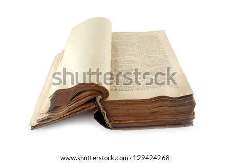 old open Russian bible isolated on white background
