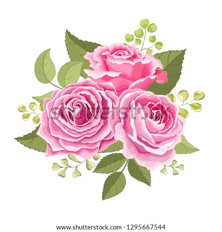 The rose elegant card. Beautiful bouquet of pink flowers and leaves. Floral arrangement isolated on background. Design greeting card and invitation of the wedding, birthday. Vector illustration. Paper