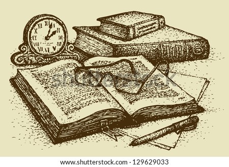 Vector still life. An opened old book with a bookmark, paper and pen for notes, a stack of books and antique clocks