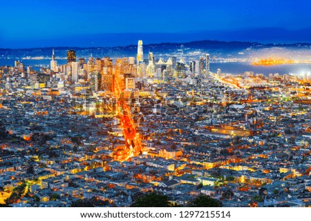 Panoramic view of the San Francisco city from the hill Twin Peaks at night time.