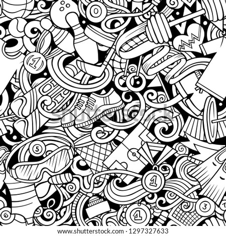 Sports hand drawn doodles seamless pattern. Line art, detailed, with lots of objects vector background