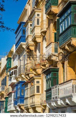 Homes with typical balcony in Valletta-Malta