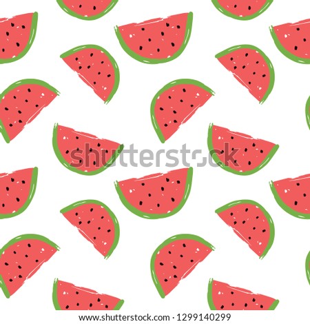 Vector seamless pattern with  watermelon isolated on white background. Hand drawn textile print in cartoon style. 