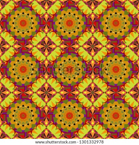 Square seamless pattern design for pillow, carpet, rug. Design for silk neck scarf, kerchief, hanky. Abstract tiles with patterns in red, orange and green colors.