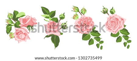 Vector Rose Bouquet, Vintage Floral Decoration. Invite Card Design in Rustic Style. Hand Drawn Watercolor Roses, Bouquet of Flowers and Green Leaf. Romantic Summer Garden Wreath of Pink Isolated Rose.