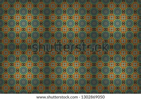 Raster illustration. Square seamless pattern design for pillow, carpet, rug. Design for silk neck scarf, kerchief, hanky. Abstract tiles with patterns in blue, green and orange colors.