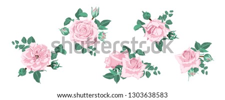 Watercolor Floral Set, Vector Roses. Wedding Card Design in Rustic Style. Vintage Floral Bouquet with Pink Roses, Green Leaves. Set of Elegant Summer Flowers for Greeting. Wreath of Floral Elements.