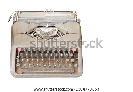 front view antique typewriter on white background, vintage,object , copy space