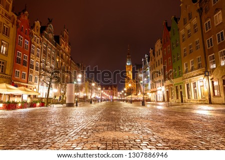 Gdansk main street Long Market in evening lights, Poland