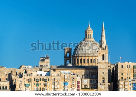 Cityscape of Valletta, Malta with the dome of the Basilica of Our Lady of Mount Carmel