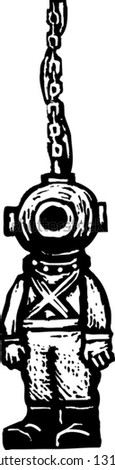 Black and white vector illustration of deep sea diver
