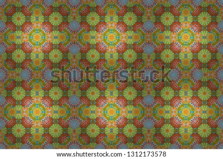 Bed sheets and interior. Seamless abstract raster geometric pattern. Symmetrical layout. Gift wrapping paper. Colorful ethnic patterned background in green, orange and blue colors.