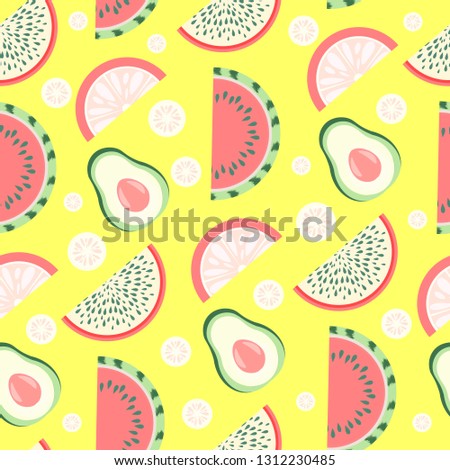 Vector fruit seamless pattern of watermelon, dragon fruit, avocado, lemon and orange