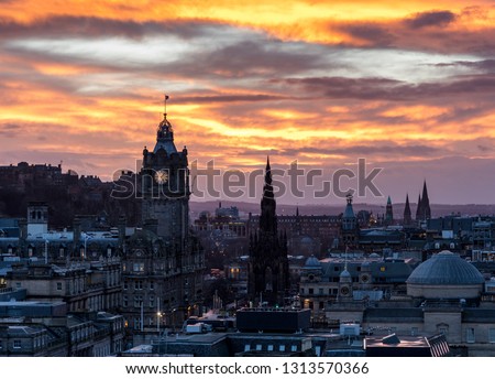 view from Carlton Hill over Edinburgh with The Balmoral at sunset