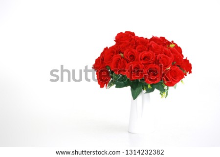 Many red roses in white Pitchers on white background , soft blurred background