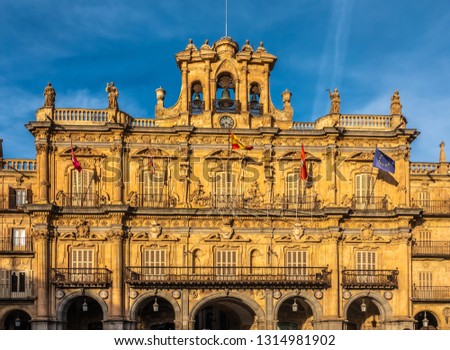 The Plaza Mayor, Salamanca, Castile-Leon, Spain. A public square. built in the traditional Spanish baroque style and  a popular gathering area. One of the most beautiful plazas in Spain.