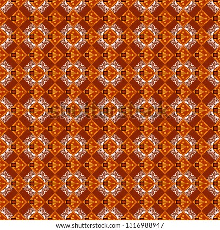 Regularly repeating tiles grids with brown, red and orange dots, polygons, hexagons, rhombuses, difficult polygonal outline shapes. Stylish geometric seamless pattern. Modern vector linear ornament.