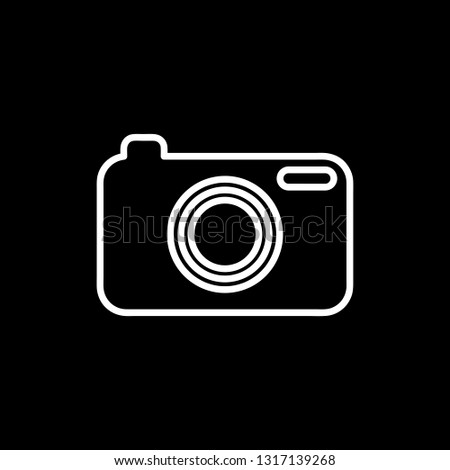 Flat line monochrome camera symbol for web sites and apps. Minimal simple black and white camera symbol. Isolated white camera symbol on black background.
