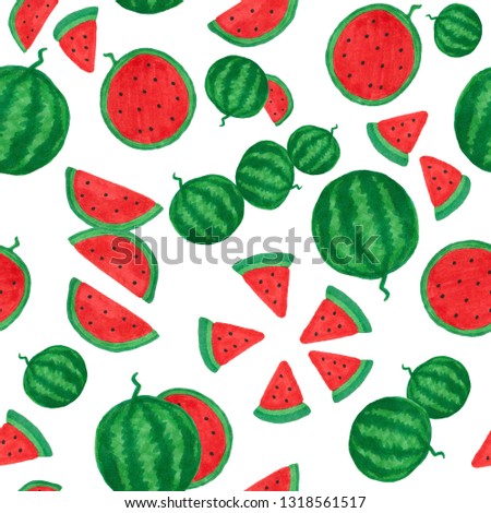 Seamless pattern painting with red watermelon, isolated on white background