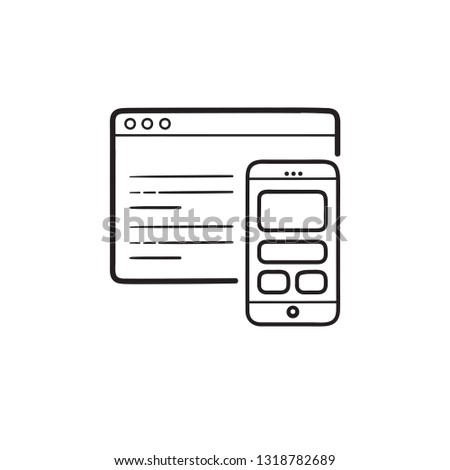 Smartphone coding and webpage hand drawn outline doodle icon. Web development, mobile app development concept. Vector sketch illustration for print, web, mobile and infographics on white background.