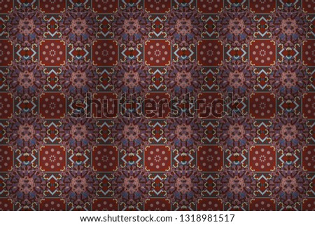 Hand drawn seamless pattern. Vintage decorative elements. Indian, Arabic, Turkish motifs. Abstract colorful mosaic style. Raster patchwork quilt pattern in red, brown and purple colors.
