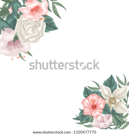 Frame of hibiscus, jasmine and tulips and roses