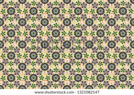 Doodle sketch style, hand-drawn illustration. Raster seamless floral pattern with flowers, leaves, decorative elements, splash, blots and drop in pink, gray and green colors.