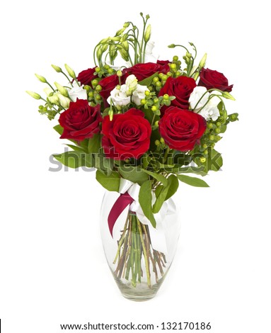 bouquet of red roses  and white flowers  on white