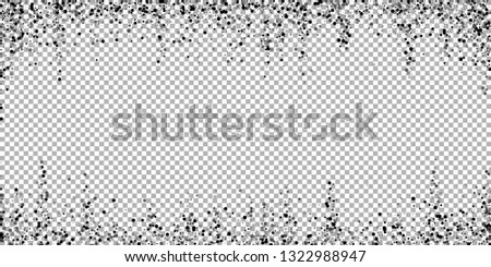Scattered dense balck dots. Dark points dispersion on transparent background. Bold grey spots dispersing overlay template. Ravishing vector illustration.