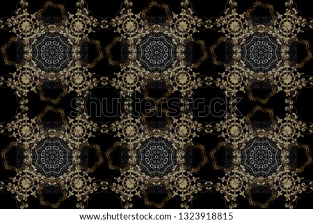 Christmas golden snowflake seamless pattern. Winter snow texture wallpaper. Symbol holiday, New Year celebration raster golden pattern. Golden snowflakes on gray and black colors.