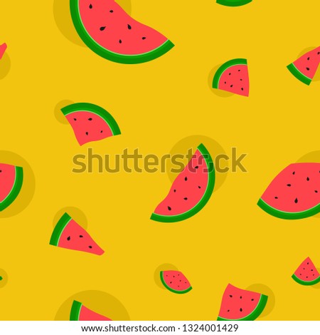 Pattern isolated on hand drawn brush background. Cute red watermelon slice design, seamless wallpaper, background, Color backdrop.