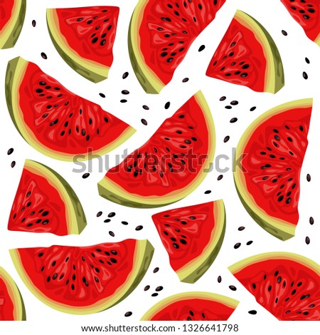 Juicy watermelon slices on white background. Fruit seamless pattern. Colorful vector illustration.