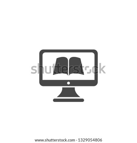 black computer monitor with open book Isolated on white background. Flat vector simple icon. Internet knowledge symbol. Good for web and mobile design.  on-line education sign. 