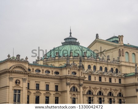 The detailed roof view of Juliusz Słowacki Theatre in the old town in Krakow. Krakow,  Poland.