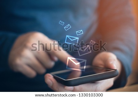 email messege icon float with businessman push on with social network smartphone technology, ai robotic system, sending chat text, telecom computer concept