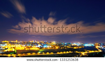 Jerusalem at night with the Al-Aqsa Mosque and the Mount of Olives