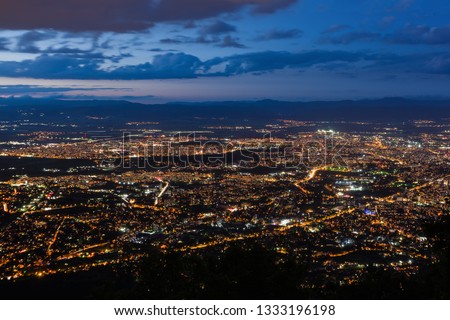 View to the Sofia city at dusk. View from the Kopitoto Hill, Vitosha Mountain, Bulgaria.