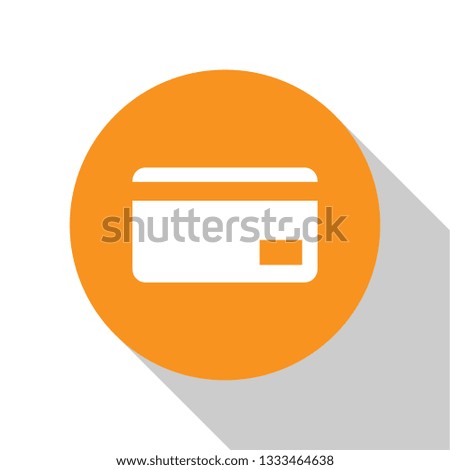 White Credit card icon isolated on white background. Online payment. Cash withdrawal. Financial operations. Shopping sign. Orange circle button. Flat design. Vector Illustration