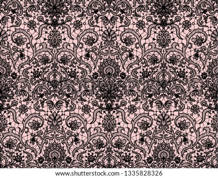 Seamless pink lace background with plack lace floral pattern