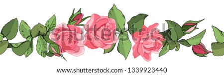 Hand drawn seamless border of pink roses (leaves, bud and an open flower). Wedding concept. Floral poster, invite. Vector arrangements for greeting card or invitation design background.