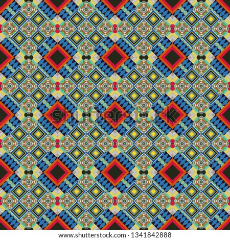 Seamless pattern with decorative geometric and abstract elements in green, gray and blue colors. Vector illustration.