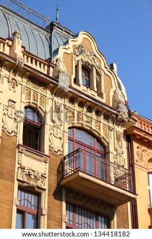 Lodz, Poland - old decorative apartment building. Architecture in Lodzkie province.