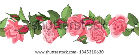 Hand drawn seamless border of pink roses Isolated on white. Flower rose, green leaves.  Wedding concept. Floral poster, invite. Vector arrangements for greeting card or invitation design background.