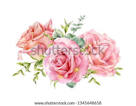 Watercolor bouquet of pink roses with twigs on a white background.