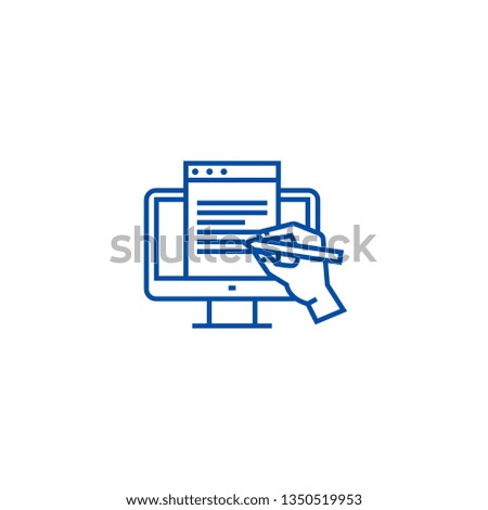 Blogging, monitor with hand line icon concept. Blogging, monitor with hand flat  vector symbol, sign, outline illustration.