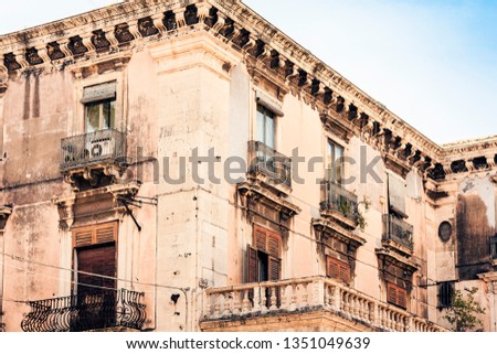Beautiful cityscape of Italy, historical street of Catania, Sicily, facade of old buildings