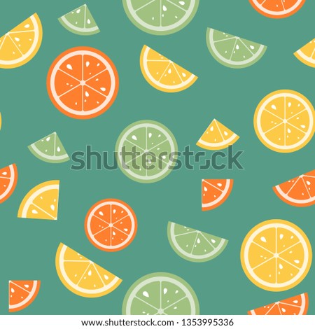 Fruits pattern on green backgroud. Lemon, lime and orange. 