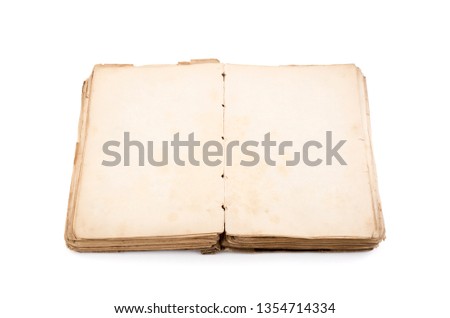 Open old book with blank yellow stained pages isolated on white background with clipping path 